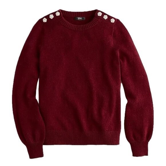 J.Crew Burgundy Soft Lambs Wool Blend Crewneck Sweater Jewel Buttons Large NWT - Picture 2 of 13